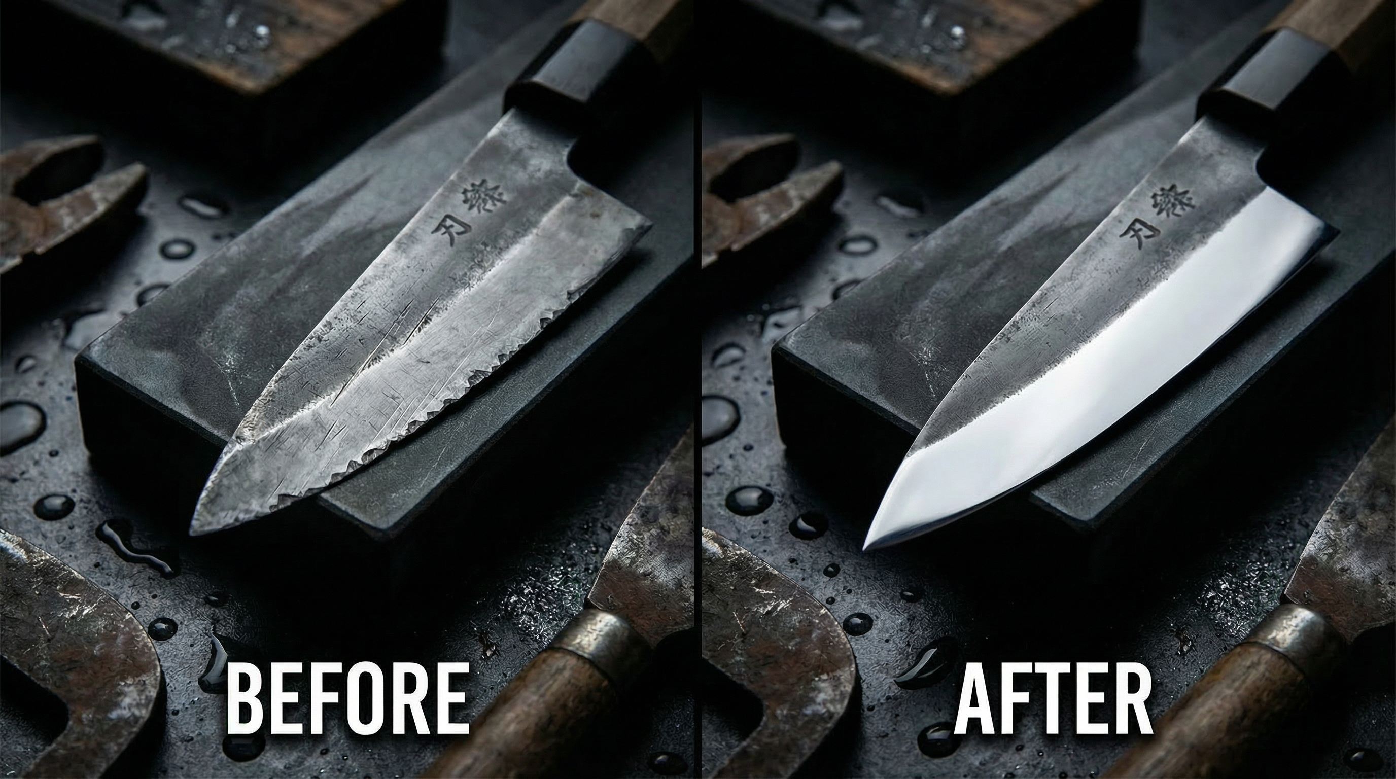 Before and after of a broken knife tip repair