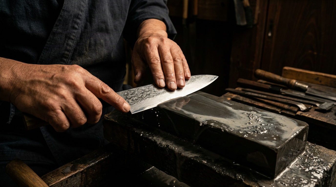 Traditional Japanese sharpening stones and knife