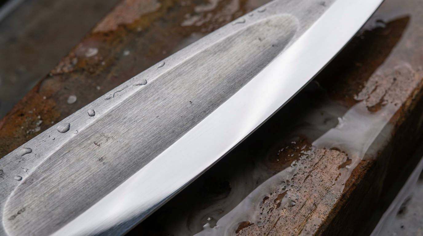 Macro shot of Urasuki on a Yanagiba